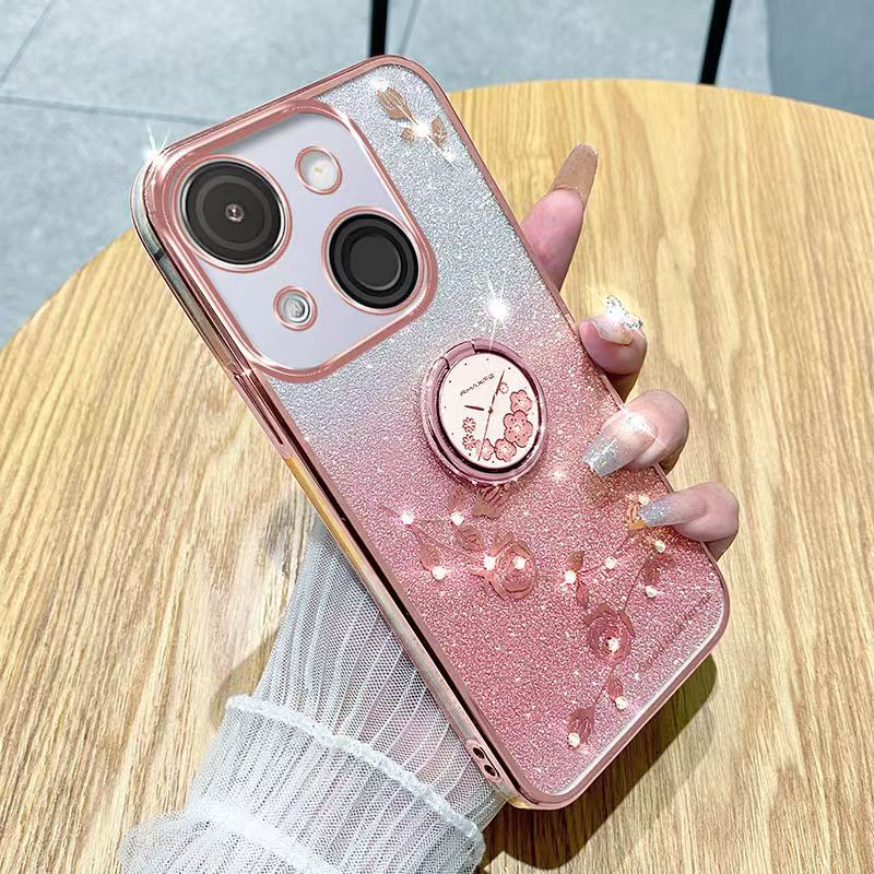 Phone Case For itel A50C Flash Women's and Girls Pink Flower Transparent Shock Protection Luxury Diamond Shining Phone Case Soft TPU