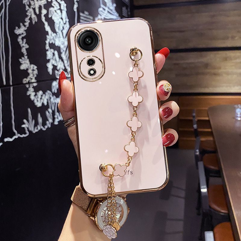 Phone Case for OPPO Reno 13 Pro 13F 12 Pro 12F 11 Pro 11F 10 Pro A60 A79 A97 A59 A98 A78 A58 A38 A18 A17 Electroplating Soft Case Four-Leaf Clover Hand Chain Protective Case