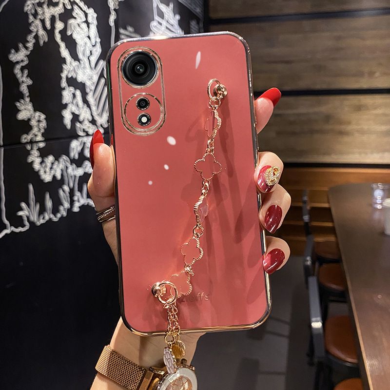 Phone Case for OPPO Reno 13 Pro 13F 12 Pro 12F 11 Pro 11F 10 Pro A60 A79 A97 A59 A98 A78 A58 A38 A18 A17 Electroplating Soft Case Four-Leaf Clover Hand Chain Protective Case