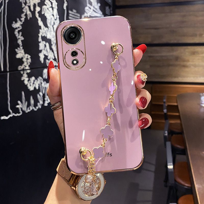 Phone Case for OPPO Reno 13 Pro 13F 12 Pro 12F 11 Pro 11F 10 Pro A60 A79 A97 A59 A98 A78 A58 A38 A18 A17 Electroplating Soft Case Four-Leaf Clover Hand Chain Protective Case