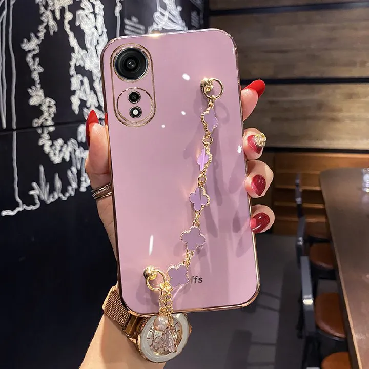 Phone Case for OPPO Reno 13 Pro 13F 12 Pro 12F 11 Pro 11F 10 Pro A60 A79 A97 A59 A98 A78 A58 A38 A18 A17 Electroplating Soft Case Four-Leaf Clover Hand Chain Protective Case