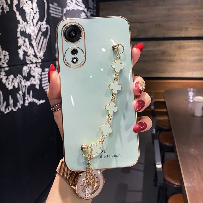 Phone Case for OPPO Reno 13 Pro 13F 12 Pro 12F 11 Pro 11F 10 Pro A60 A79 A97 A59 A98 A78 A58 A38 A18 A17 Electroplating Soft Case Four-Leaf Clover Hand Chain Protective Case