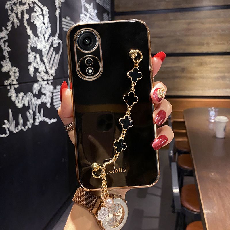 Phone Case for OPPO Reno 13 Pro 13F 12 Pro 12F 11 Pro 11F 10 Pro A60 A79 A97 A59 A98 A78 A58 A38 A18 A17 Electroplating Soft Case Four-Leaf Clover Hand Chain Protective Case