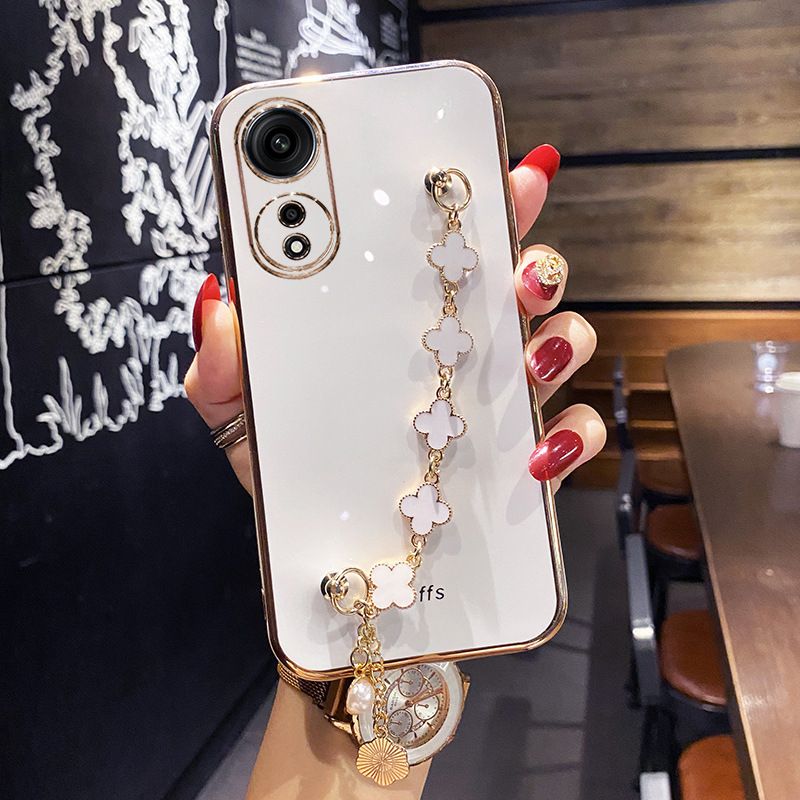 Phone Case for OPPO Reno 13 Pro 13F 12 Pro 12F 11 Pro 11F 10 Pro A60 A79 A97 A59 A98 A78 A58 A38 A18 A17 Electroplating Soft Case Four-Leaf Clover Hand Chain Protective Case
