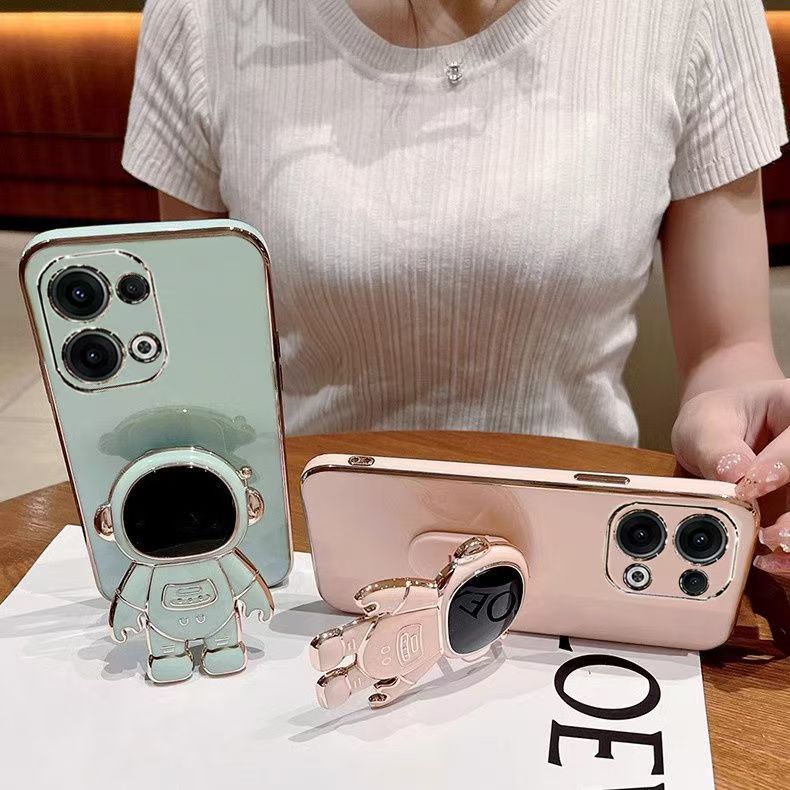 Phone Case for OPPO Reno 13 Pro 13F 12 Pro 12F 11 Pro 11F 10 Pro 9 Pro 8 Pro 8T 7 Pro 6 Pro 5 Pro 4 Pro 3 Pro 2 Z 2Z 2F Electroplated Astronaut Bracket Anti-Drop Protective Case