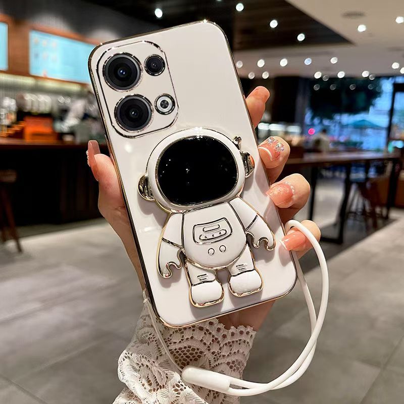 Phone Case for OPPO Reno 13 Pro 13F 12 Pro 12F 11 Pro 11F 10 Pro 9 Pro 8 Pro 8T 7 Pro 6 Pro 5 Pro 4 Pro 3 Pro 2 Z 2Z 2F Electroplated Astronaut Bracket Anti-Drop Protective Case