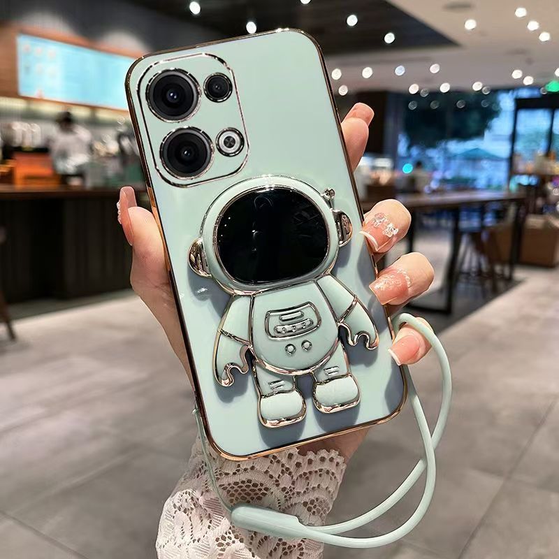 Phone Case for OPPO Reno 13 Pro 13F 12 Pro 12F 11 Pro 11F 10 Pro 9 Pro 8 Pro 8T 7 Pro 6 Pro 5 Pro 4 Pro 3 Pro 2 Z 2Z 2F Electroplated Astronaut Bracket Anti-Drop Protective Case