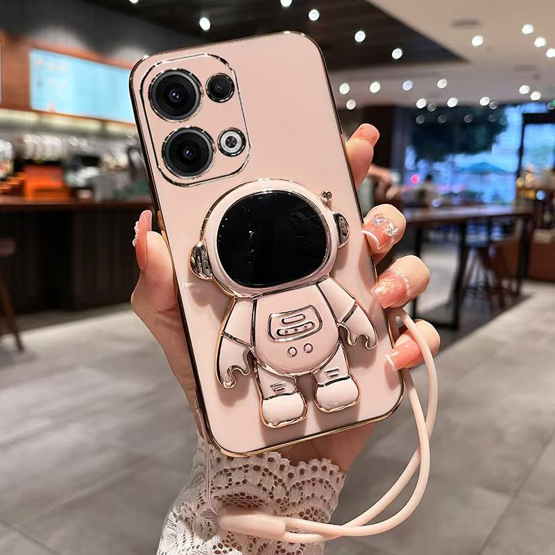 Phone Case for OPPO Reno 13 Pro 13F 12 Pro 12F 11 Pro 11F 10 Pro 9 Pro 8 Pro 8T 7 Pro 6 Pro 5 Pro 4 Pro 3 Pro 2 Z 2Z 2F Electroplated Astronaut Bracket Anti-Drop Protective Case