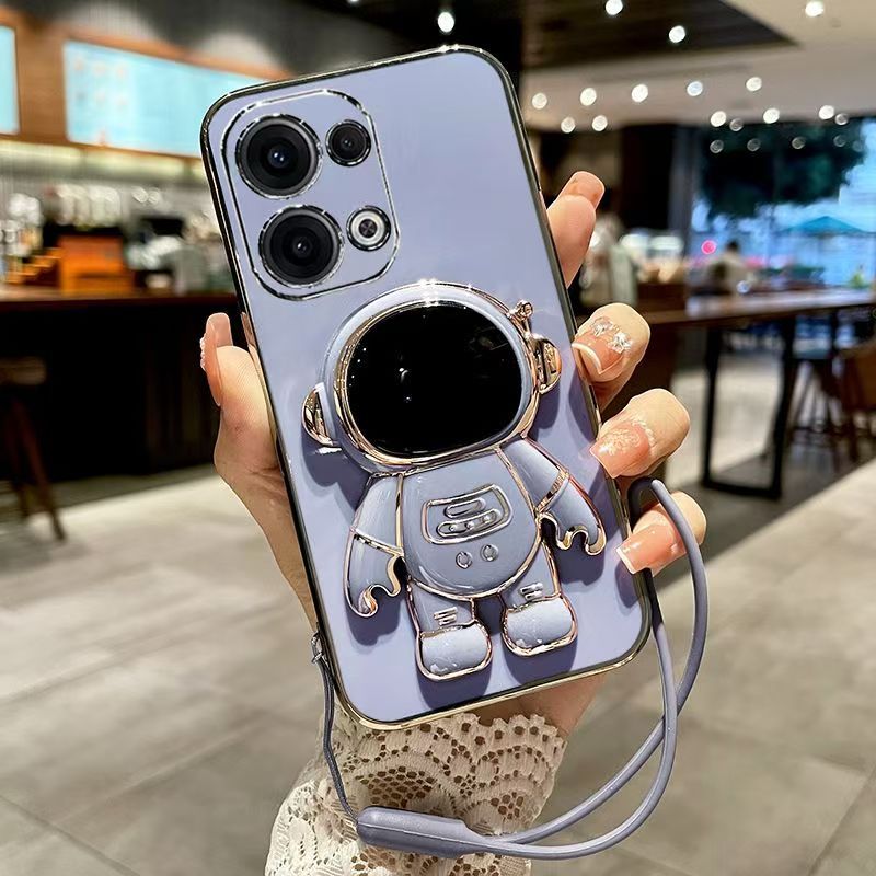 Phone Case for OPPO Reno 13 Pro 13F 12 Pro 12F 11 Pro 11F 10 Pro 9 Pro 8 Pro 8T 7 Pro 6 Pro 5 Pro 4 Pro 3 Pro 2 Z 2Z 2F Electroplated Astronaut Bracket Anti-Drop Protective Case