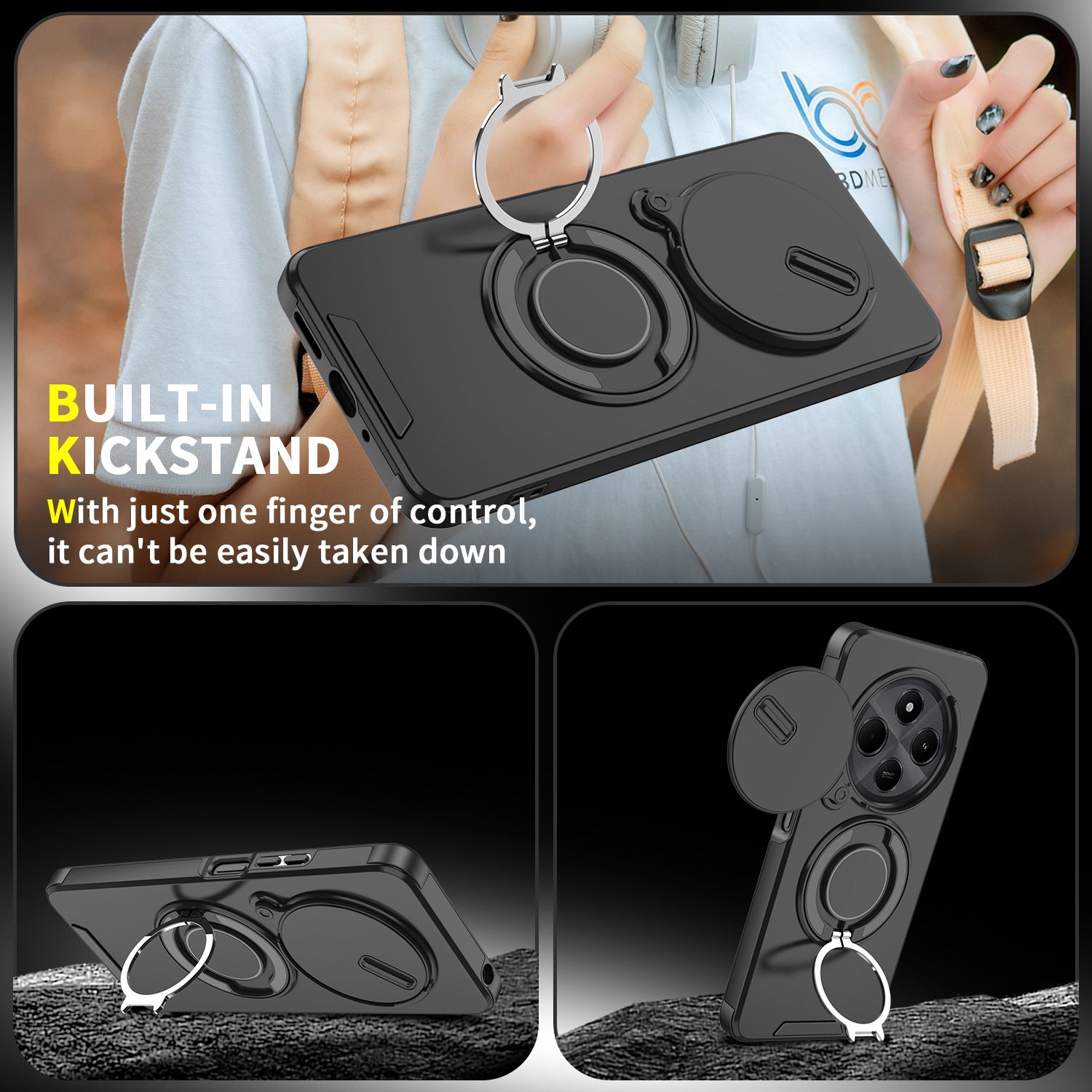 New - Luxury Slide Camera Lens Case For Xiaomi Redmi 14C,Redmi A4,Poco C75 X6 X7 Pro Car Mounted Magnetic Kickstand Shockproof Cover