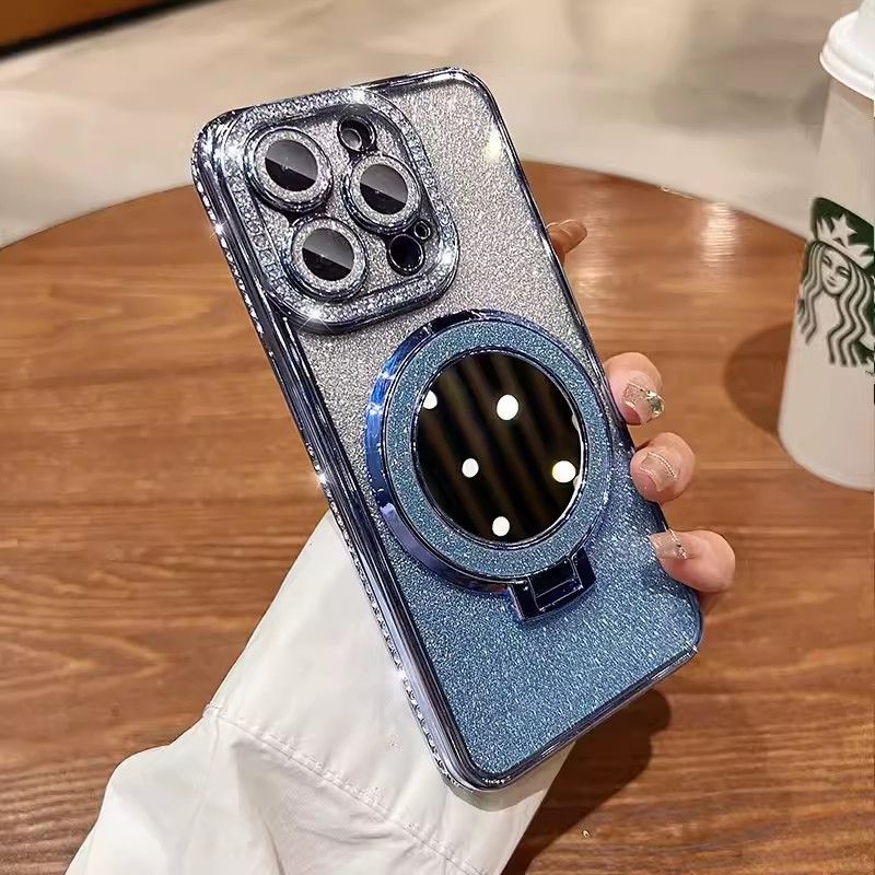 Apple iPhone 16E 16 15 14 13 12 Pro Max Glitter Electroplated Rhinestone Touch Up Mirror Magnetic Bracket Phone Case