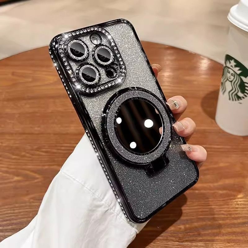 Apple iPhone 16E 16 15 14 13 12 Pro Max Glitter Electroplated Rhinestone Touch Up Mirror Magnetic Bracket Phone Case
