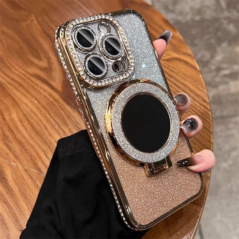 Apple iPhone 16E 16 15 14 13 12 Pro Max Glitter Electroplated Rhinestone Touch Up Mirror Magnetic Bracket Phone Case
