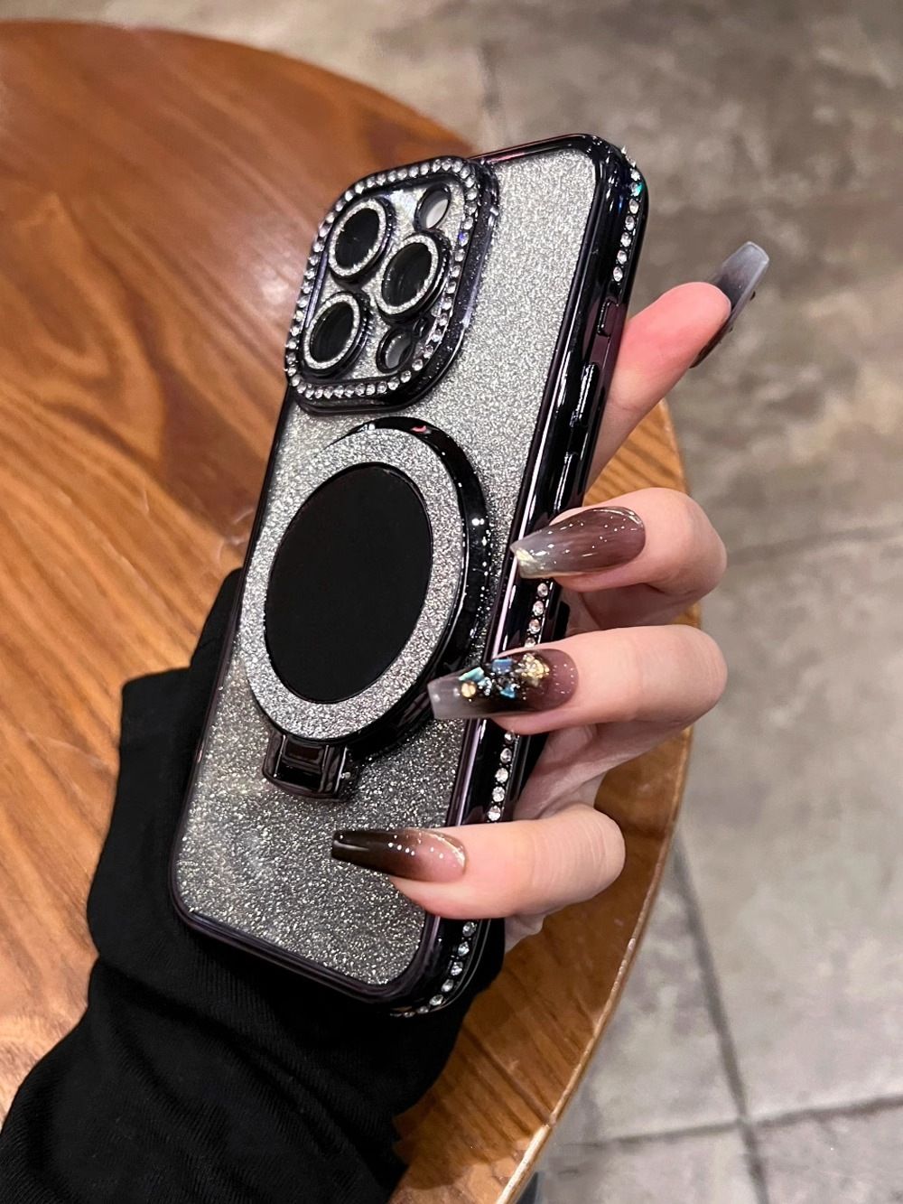 Apple iPhone 16E 16 15 14 13 12 Pro Max Glitter Electroplated Rhinestone Touch Up Mirror Magnetic Bracket Phone Case