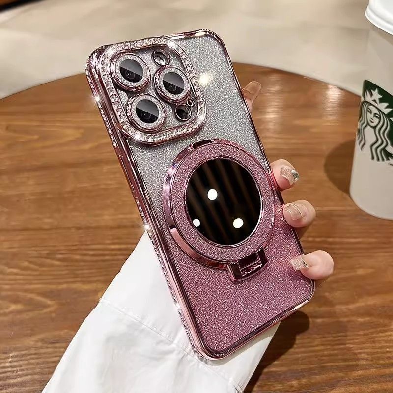 Apple iPhone 16E 16 15 14 13 12 Pro Max Glitter Electroplated Rhinestone Touch Up Mirror Magnetic Bracket Phone Case
