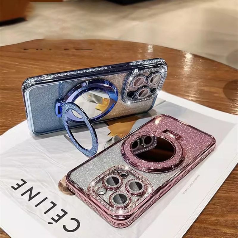 Apple iPhone 16E 16 15 14 13 12 Pro Max Glitter Electroplated Rhinestone Touch Up Mirror Magnetic Bracket Phone Case
