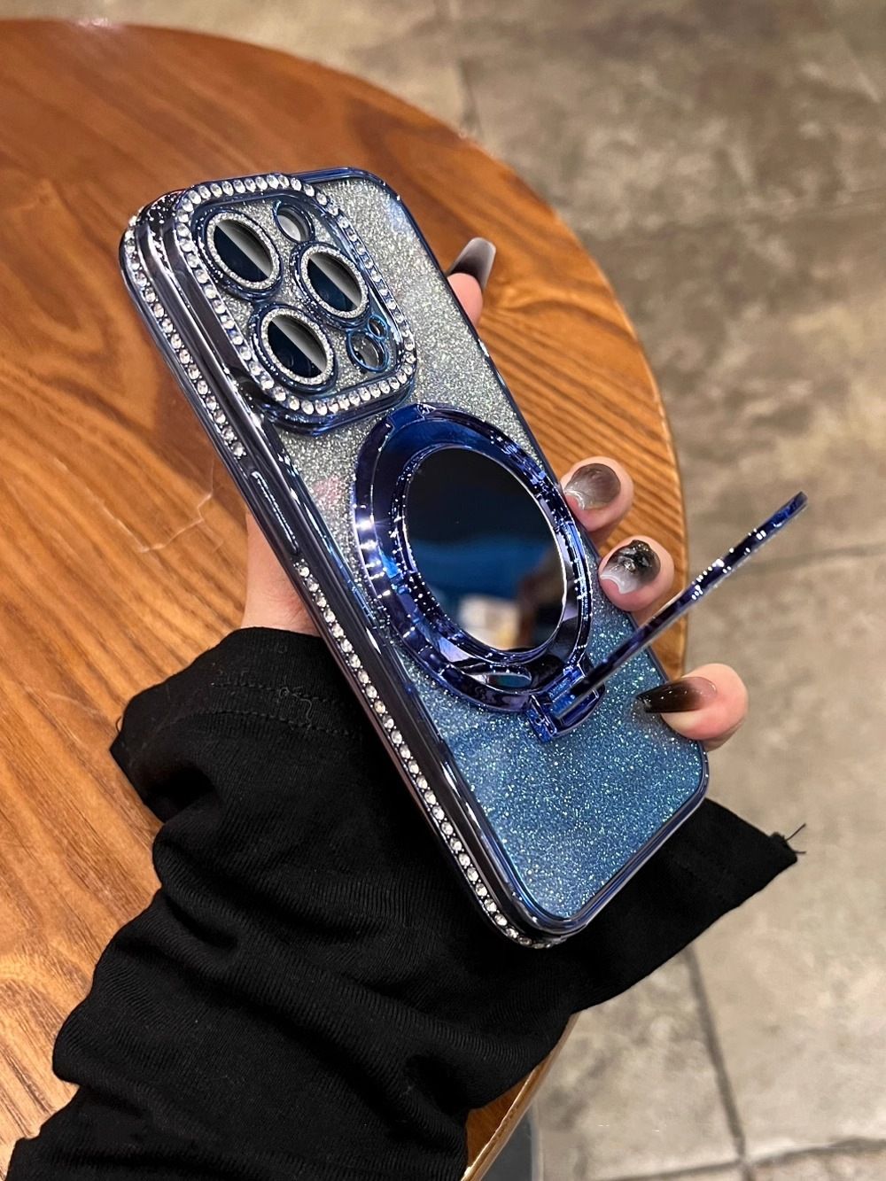 Apple iPhone 16E 16 15 14 13 12 Pro Max Glitter Electroplated Rhinestone Touch Up Mirror Magnetic Bracket Phone Case