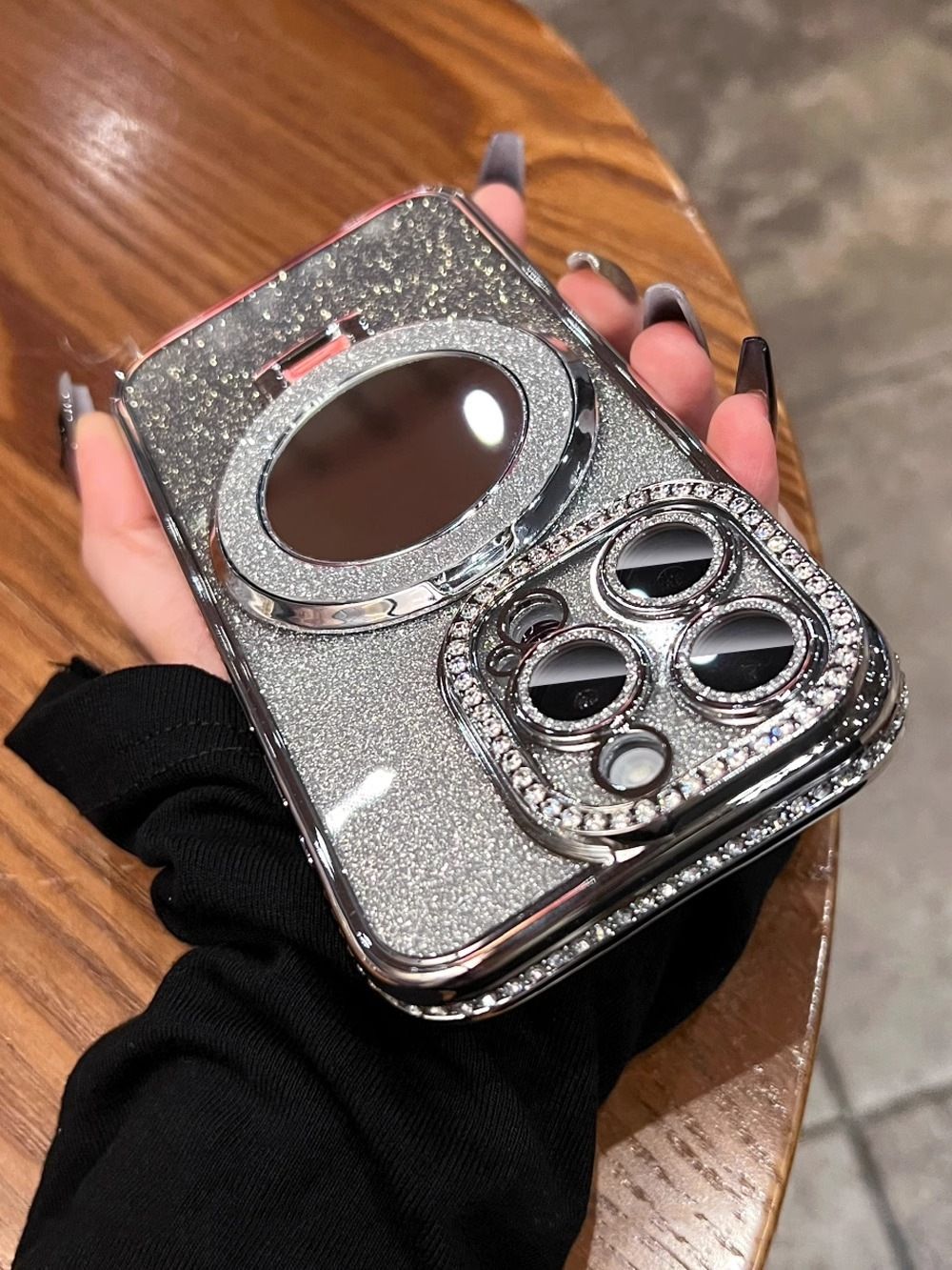 Apple iPhone 16E 16 15 14 13 12 Pro Max Glitter Electroplated Rhinestone Touch Up Mirror Magnetic Bracket Phone Case