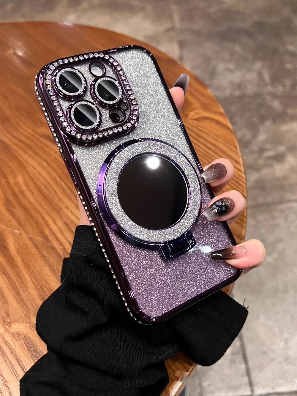Apple iPhone 16E 16 15 14 13 12 Pro Max Glitter Electroplated Rhinestone Touch Up Mirror Magnetic Bracket Phone Case