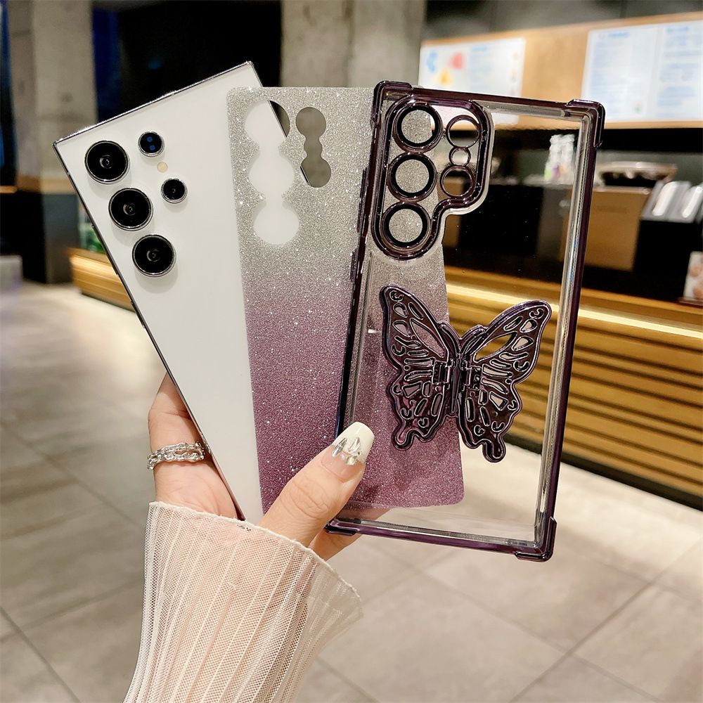 Cover for Samsung Galaxy S25 Ultra S25 Plus S24 FE S23 FE S23 Plus S22 Plus Note 20 Ultra 20 Glitter Powder Electroplating Butterfly Bracket Anti Drop Soft Phone Case