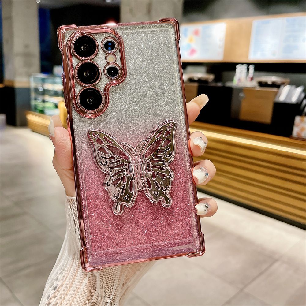 Cover for Samsung Galaxy S25 Ultra S25 Plus S24 FE S23 FE S23 Plus S22 Plus Note 20 Ultra 20 Glitter Powder Electroplating Butterfly Bracket Anti Drop Soft Phone Case