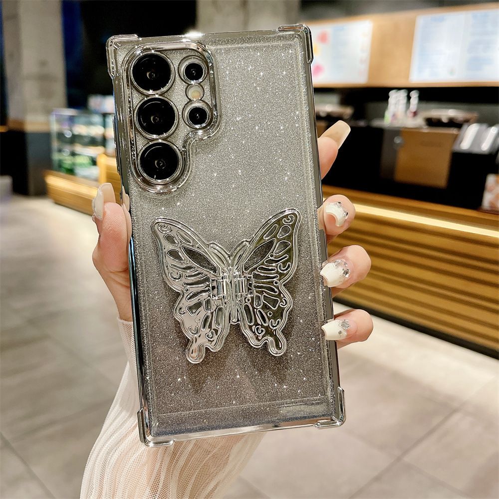 Cover for Samsung Galaxy S25 Ultra S25 Plus S24 FE S23 FE S23 Plus S22 Plus Note 20 Ultra 20 Glitter Powder Electroplating Butterfly Bracket Anti Drop Soft Phone Case