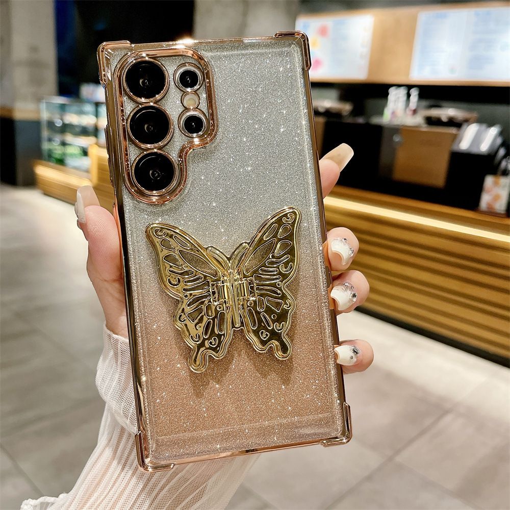 Cover for Samsung Galaxy S25 Ultra S25 Plus S24 FE S23 FE S23 Plus S22 Plus Note 20 Ultra 20 Glitter Powder Electroplating Butterfly Bracket Anti Drop Soft Phone Case