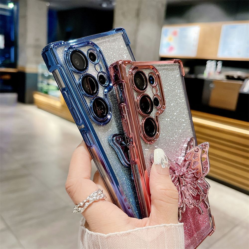 Cover for Samsung Galaxy S25 Ultra S25 Plus S24 FE S23 FE S23 Plus S22 Plus Note 20 Ultra 20 Glitter Powder Electroplating Butterfly Bracket Anti Drop Soft Phone Case