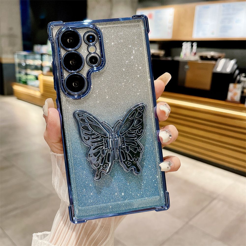Cover for Samsung Galaxy S25 Ultra S25 Plus S24 FE S23 FE S23 Plus S22 Plus Note 20 Ultra 20 Glitter Powder Electroplating Butterfly Bracket Anti Drop Soft Phone Case