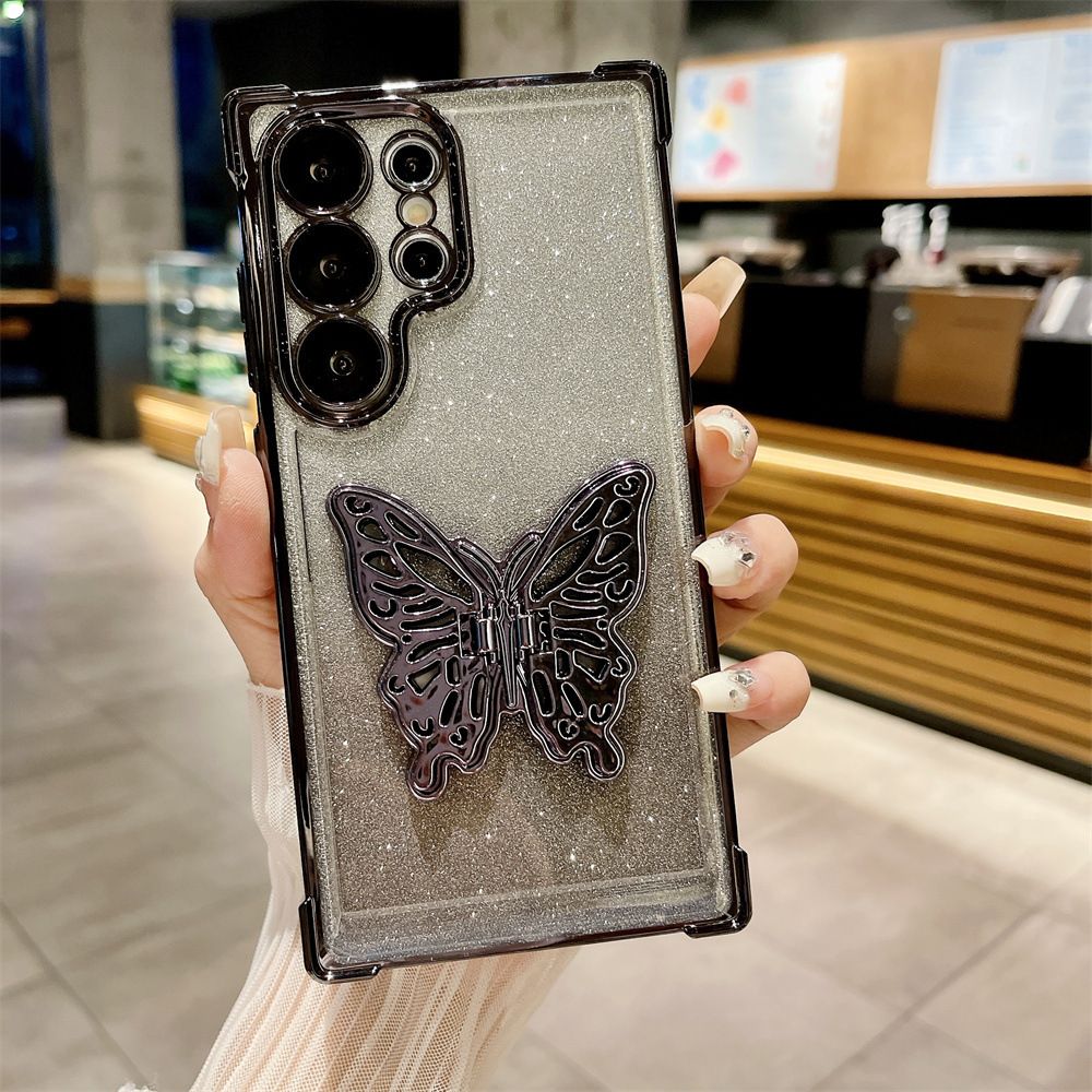 Cover for Samsung Galaxy S25 Ultra S25 Plus S24 FE S23 FE S23 Plus S22 Plus Note 20 Ultra 20 Glitter Powder Electroplating Butterfly Bracket Anti Drop Soft Phone Case