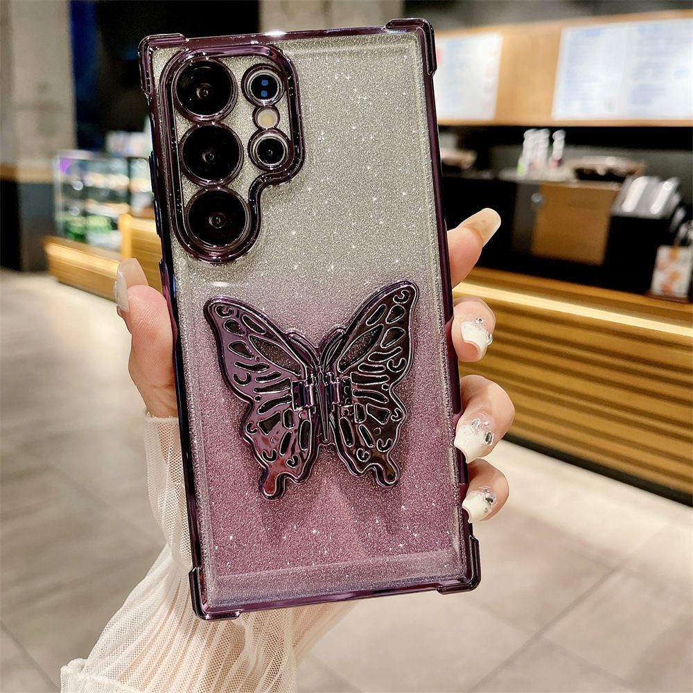 Cover for Samsung Galaxy S25 Ultra S25 Plus S24 FE S23 FE S23 Plus S22 Plus Note 20 Ultra 20 Glitter Powder Electroplating Butterfly Bracket Anti Drop Soft Phone Case