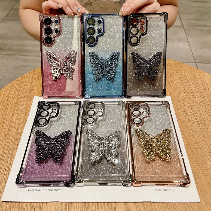 Cover for Samsung Galaxy S25 Ultra S25 Plus S24 FE S23 FE S23 Plus S22 Plus Note 20 Ultra 20 Glitter Powder Electroplating Butterfly Bracket Anti Drop Soft Phone Case
