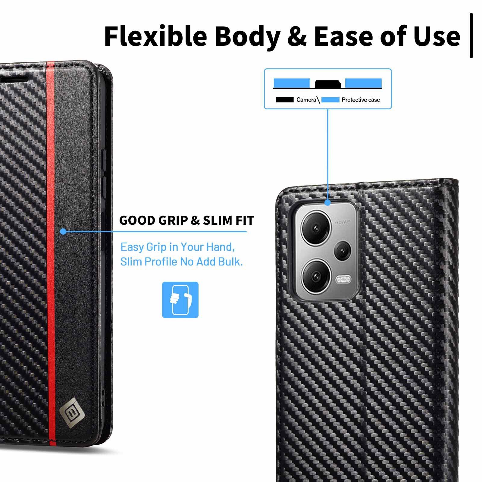 Flip Cover for Redmi Note 14 4G Note 14 Pro 4G 13 Pro Plus 14C 13C Carbon Fiber Pattern Wallet Shockproof Durable Cover