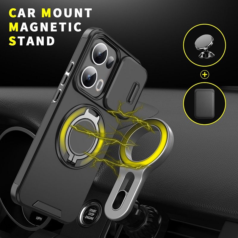 Luxury Slide Camera Lens Cover For OPPO Reno 13 5G, Reno 13 Pro 5G Vehicle-Mounted Magnetic Kickstand Case