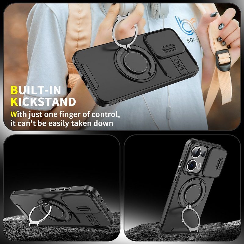 Luxury Slide Camera Lens Cover For OPPO Reno 13 5G, Reno 13 Pro 5G Vehicle-Mounted Magnetic Kickstand Case