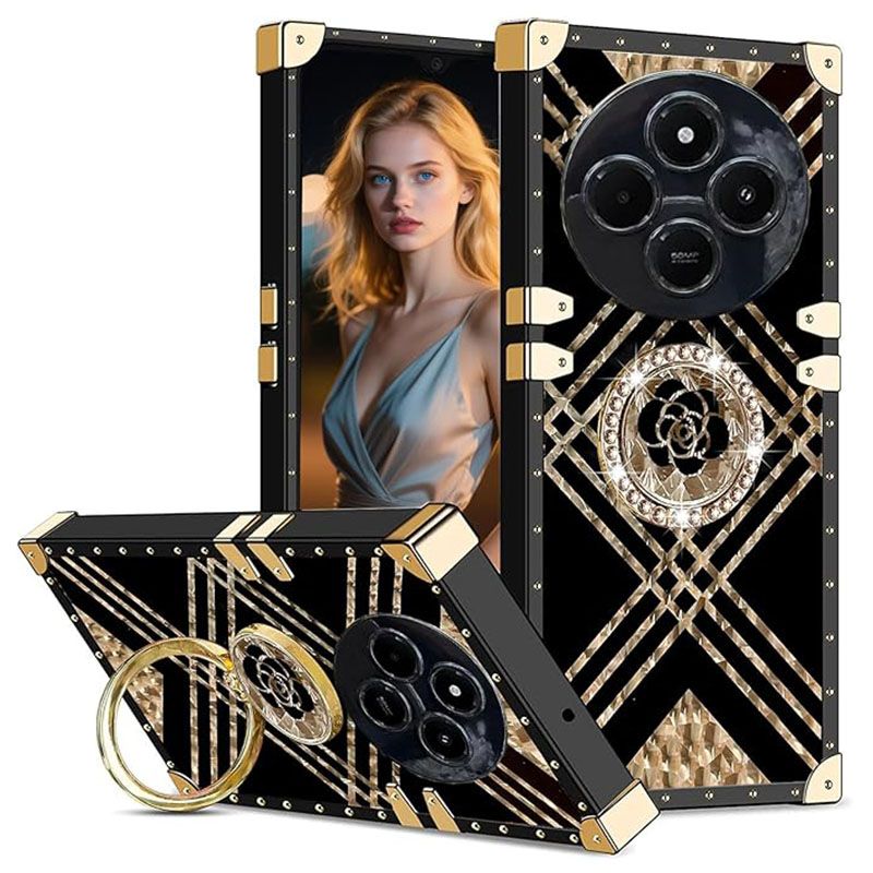 Cover for Xiaomi Redmi 14C A4 A3 Pro 14R Poco C75 Case Rivet Metal Corner Design Phone Case Cover with Bling Flowers Diamond Ring Kickstand
