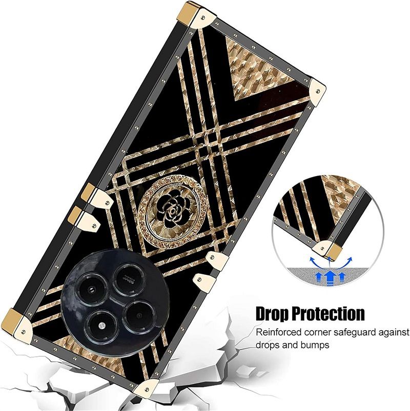 Cover for Xiaomi Redmi 14C A4 A3 Pro 14R Poco C75 Case Rivet Metal Corner Design Phone Case Cover with Bling Flowers Diamond Ring Kickstand