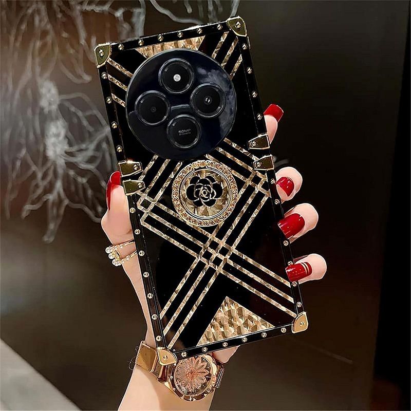 Cover for Xiaomi Redmi 14C A4 A3 Pro 14R Poco C75 Case Rivet Metal Corner Design Phone Case Cover with Bling Flowers Diamond Ring Kickstand