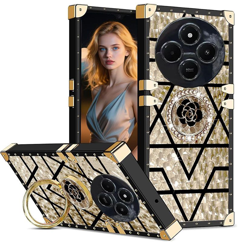 Cover for Xiaomi Redmi 14C A4 A3 Pro 14R Poco C75 Case Rivet Metal Corner Design Phone Case Cover with Bling Flowers Diamond Ring Kickstand