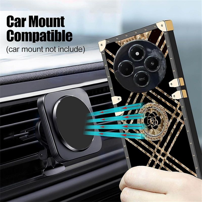 Cover for Xiaomi Redmi 14C A4 A3 Pro 14R Poco C75 Case Rivet Metal Corner Design Phone Case Cover with Bling Flowers Diamond Ring Kickstand