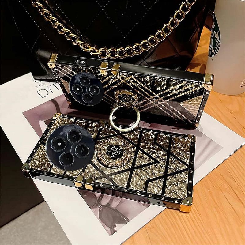 Cover for Xiaomi Redmi 14C A4 A3 Pro 14R Poco C75 Case Rivet Metal Corner Design Phone Case Cover with Bling Flowers Diamond Ring Kickstand