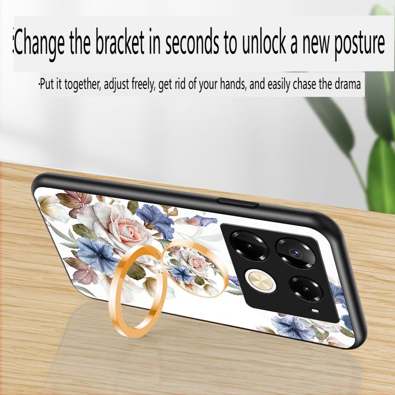 Luxury Casing Cover for Infinix Note 50 Pro 4G,Hot 50 Pro Plus Smart 8 9 Hot 50i 30i Itel S25 Ultra Camon 30S 20 Pro Plus Flower Tempered Glass Back Cover with Ring Holder Stand