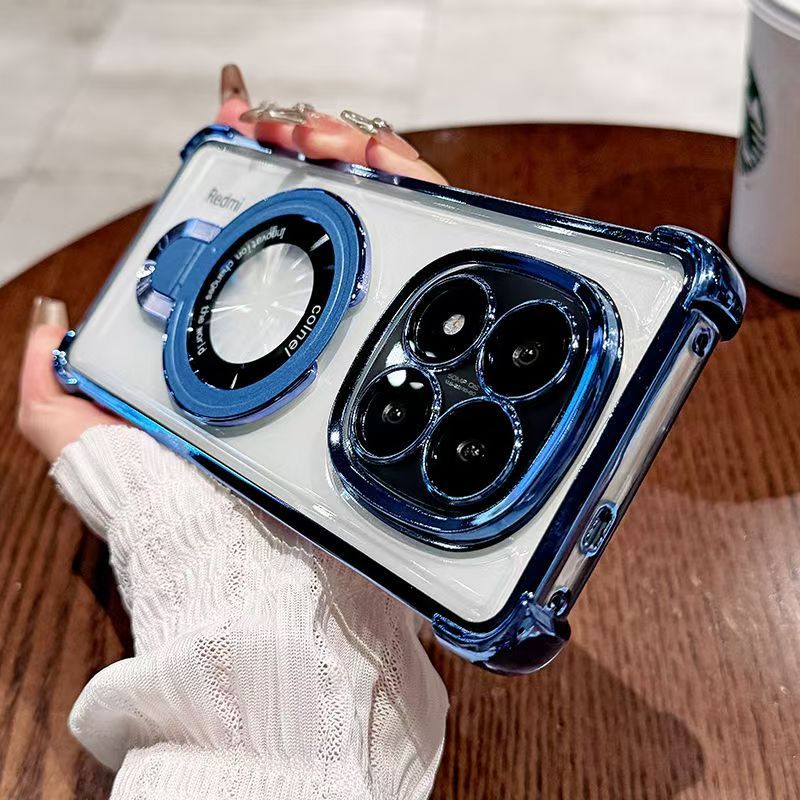 Luxury Plating Shockproof Magnetic Bracket Clear Phone Case for Xiaomi Redmi Note 14 Pro 14 Pro+ 14 13 Pro+ 13 12 Pro 11 Pro 11s 10s 10 Pro 9s With Lens Film Phone Case