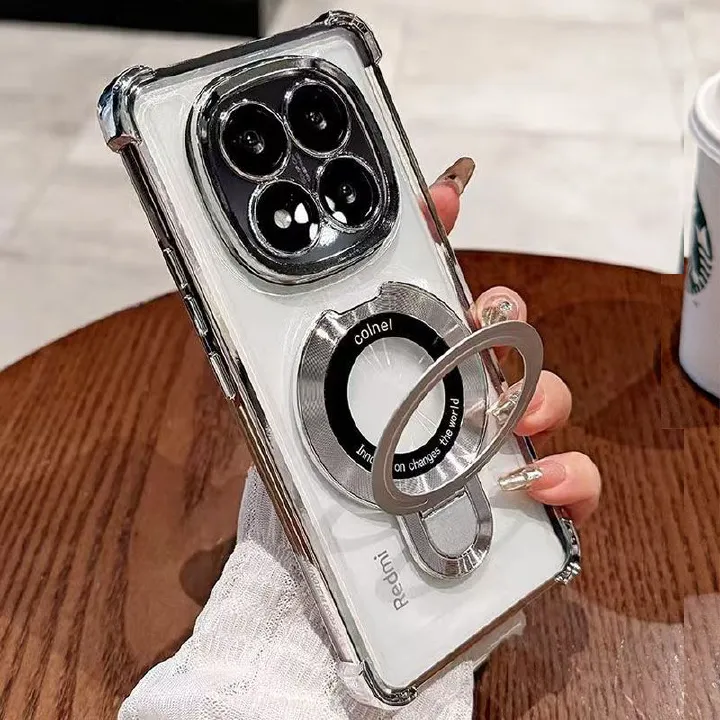 Luxury Plating Shockproof Magnetic Bracket Clear Phone Case for Xiaomi Redmi Note 14 Pro 14 Pro+ 14 13 Pro+ 13 12 Pro 11 Pro 11s 10s 10 Pro 9s With Lens Film Phone Case