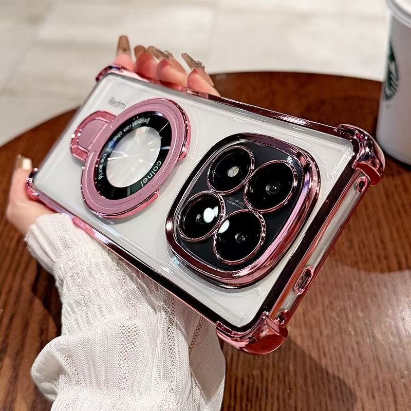 Luxury Plating Shockproof Magnetic Bracket Clear Phone Case for Xiaomi Redmi Note 14 Pro 14 Pro+ 14 13 Pro+ 13 12 Pro 11 Pro 11s 10s 10 Pro 9s With Lens Film Phone Case