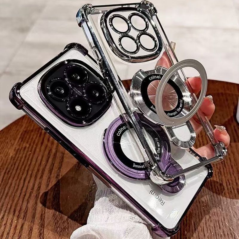 Luxury Plating Shockproof Magnetic Bracket Clear Phone Case for Xiaomi Redmi Note 14 Pro 14 Pro+ 14 13 Pro+ 13 12 Pro 11 Pro 11s 10s 10 Pro 9s With Lens Film Phone Case