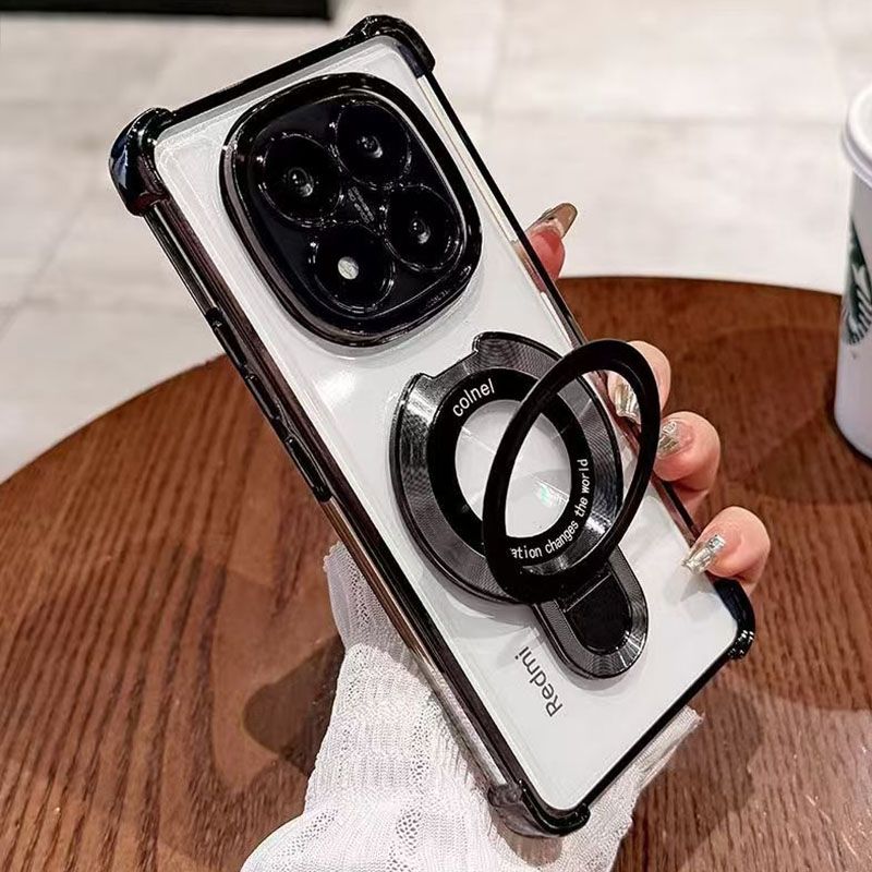 Luxury Plating Shockproof Magnetic Bracket Clear Phone Case for Xiaomi Redmi Note 14 Pro 14 Pro+ 14 13 Pro+ 13 12 Pro 11 Pro 11s 10s 10 Pro 9s With Lens Film Phone Case