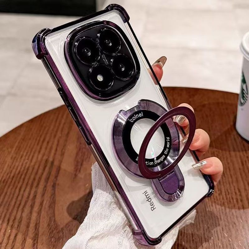 Luxury Plating Shockproof Magnetic Bracket Clear Phone Case for Xiaomi Redmi Note 14 Pro 14 Pro+ 14 13 Pro+ 13 12 Pro 11 Pro 11s 10s 10 Pro 9s With Lens Film Phone Case