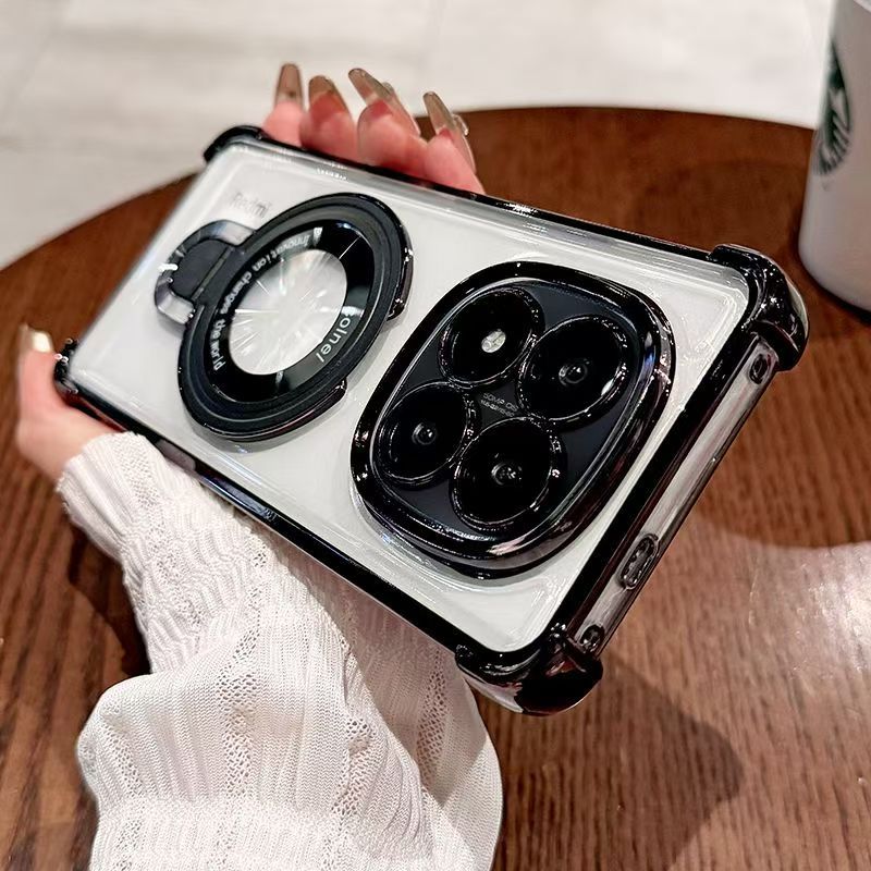 Luxury Plating Shockproof Magnetic Bracket Clear Phone Case for Xiaomi Redmi Note 14 Pro 14 Pro+ 14 13 Pro+ 13 12 Pro 11 Pro 11s 10s 10 Pro 9s With Lens Film Phone Case