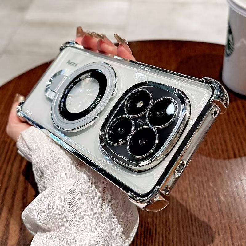 Luxury Plating Shockproof Magnetic Bracket Clear Phone Case for Xiaomi Redmi Note 14 Pro 14 Pro+ 14 13 Pro+ 13 12 Pro 11 Pro 11s 10s 10 Pro 9s With Lens Film Phone Case